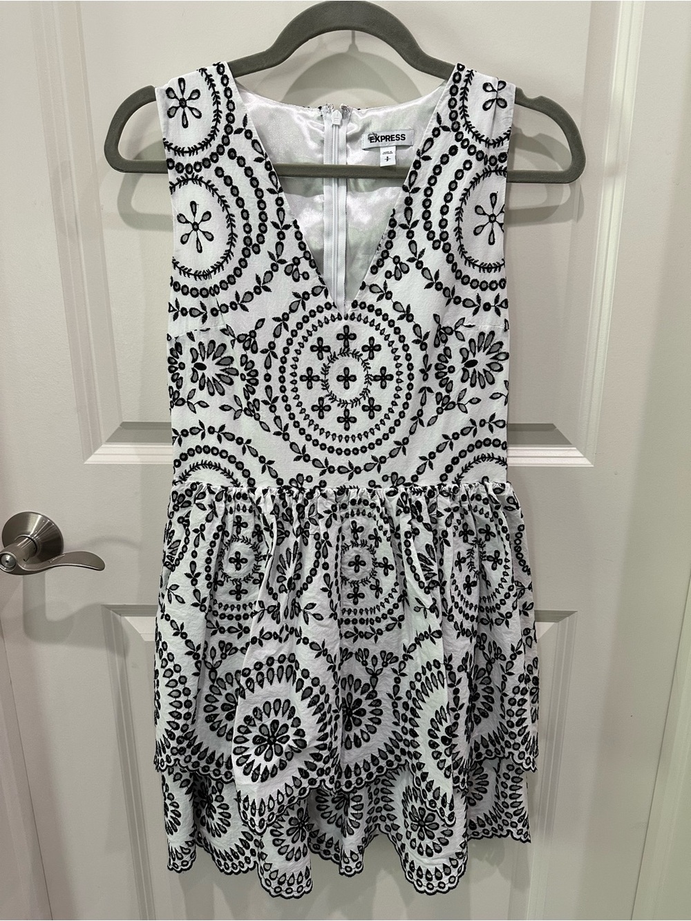 Express White Mini Dress with Black Embroidered Medallions